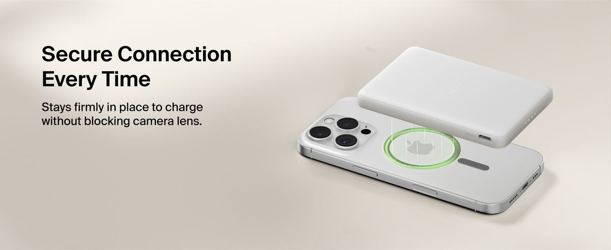 Belkin 8211 BoostCharge 纖薄磁吸無線充電行動電源 5K 沙色  5000mAh 75W MagSafe 兼容 雙裝置充電 超薄輕巧 TSA 認證 香港行貨  BPD010FQSA