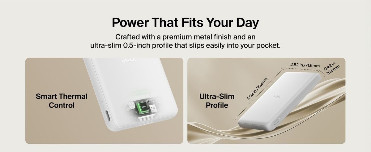 Belkin 8211 BoostCharge 纖薄磁吸無線充電行動電源 5K 沙色  5000mAh 75W MagSafe 兼容 雙裝置充電 超薄輕巧 TSA 認證 香港行貨  BPD010FQSA