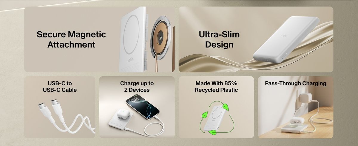 Belkin 8211 BoostCharge 纖薄磁吸無線充電行動電源 5K 沙色  5000mAh 75W MagSafe 兼容 雙裝置充電 超薄輕巧 TSA 認證 香港行貨  BPD010FQSA