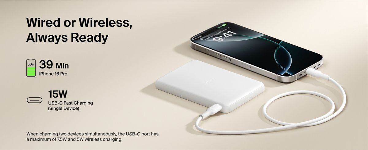 Belkin 8211 BoostCharge 纖薄磁吸無線充電行動電源 5K 沙色  5000mAh 75W MagSafe 兼容 雙裝置充電 超薄輕巧 TSA 認證 香港行貨  BPD010FQSA