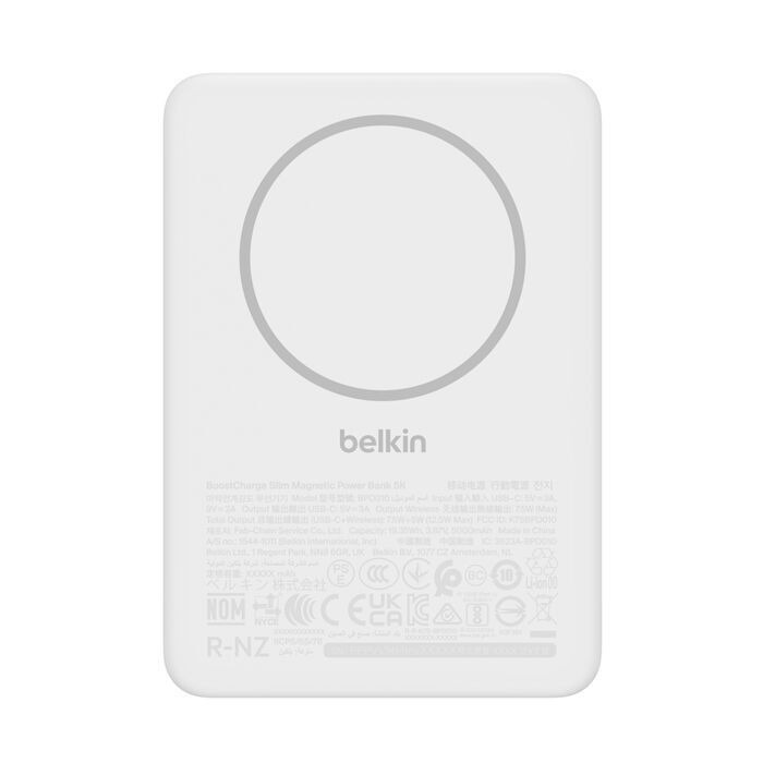 Belkin 8211 BoostCharge 纖薄磁吸無線充電行動電源 5K 白色 5000mAh 75W MagSafe 兼容 雙裝置充電 超薄輕巧 TSA 認證 香港行貨 BPD010FQWH