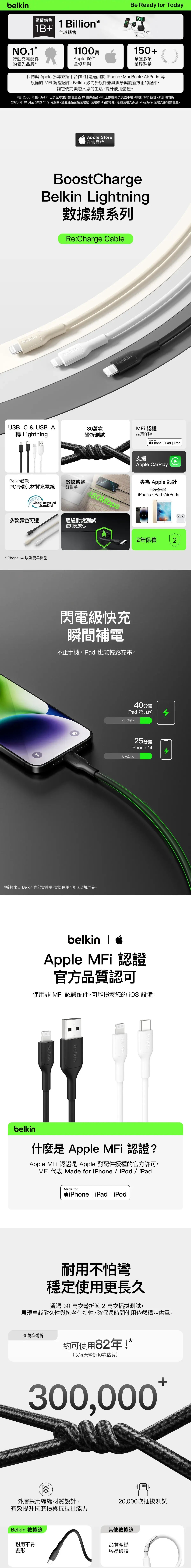 Belkin 8211 BoostCharge Pro USB-C to Lightning 編織快充線 1米 MFi 認證 支援 PD 快充 35萬次彎折耐用 再生材料製造 香港行貨  CAA022FQ1MBK