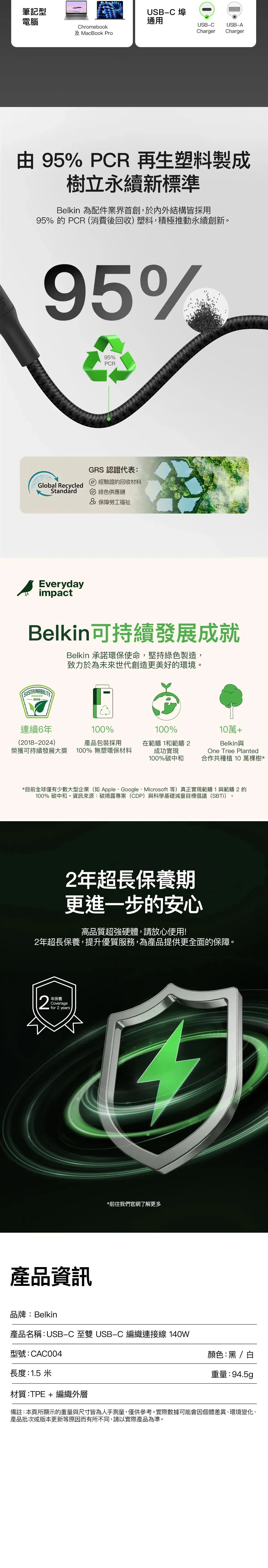 Belkin 8211 BoostCharge Pro 140W 一分二 USB-C 對雙 USB-C 編織快充線 15米 智能配電 黑色 支援 MacBook Pro 35萬次彎折  CAC004FQ15MBK