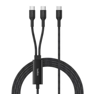Belkin 8211 BoostCharge Pro 140W 一分二 USB-C 對雙 USB-C 編織快充線 15米 智能配電 黑色 支援 MacBook Pro 35萬次彎折  CAC004FQ15MBK