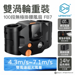 LEMOISTAR FB7 雙渦輪掛腰風扇 黑色 10000mAh 行動電源功能 100段無極調速 超長14小時續航 工地戶外露營 必備掛頸風扇 香港行貨