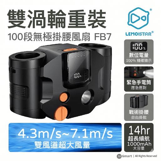 LEMOISTAR 8211 FB7 雙渦輪掛腰風扇 黑色 10000mAh 行動電源功能 100段無極調速 超長14小時續航 工地戶外露營 必備掛頸風扇 香港行貨