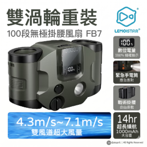 LEMOISTAR 8211 FB7 雙渦輪掛腰風扇 軍綠色 10000mAh 行動電源功能 100段無極調速 超長14小時續航 工地戶外露營 必備掛頸風扇 香港行貨