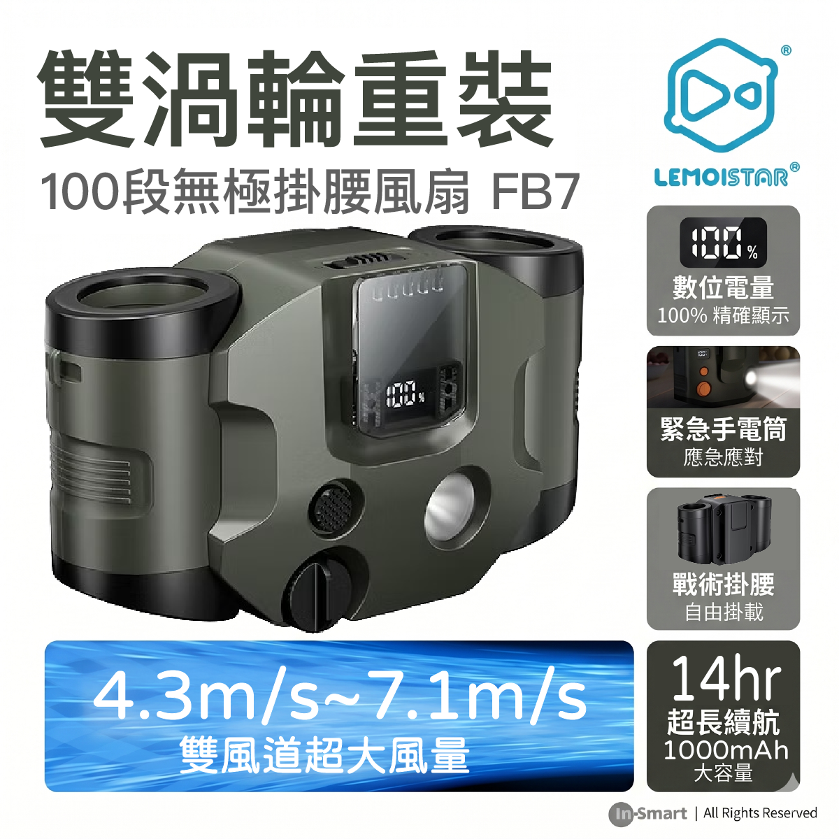 LEMOISTAR 8211 FB7 雙渦輪掛腰風扇 軍綠色 10000mAh 行動電源功能 100段無極調速 超長14小時續航 工地戶外露營 必備掛頸風扇 香港行貨