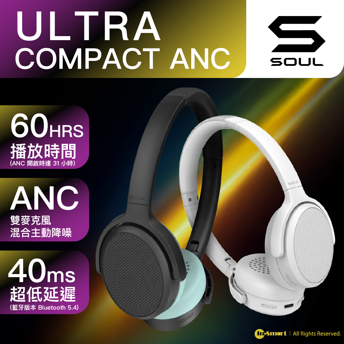 SOUL 8211 ULTRA COMPACT ANC 黑色 無線頭戴式藍牙耳機 54 主動降噪 60小時續航 40ms低延遲 透明模式 多點連接 可拆卸耳罩  SU98