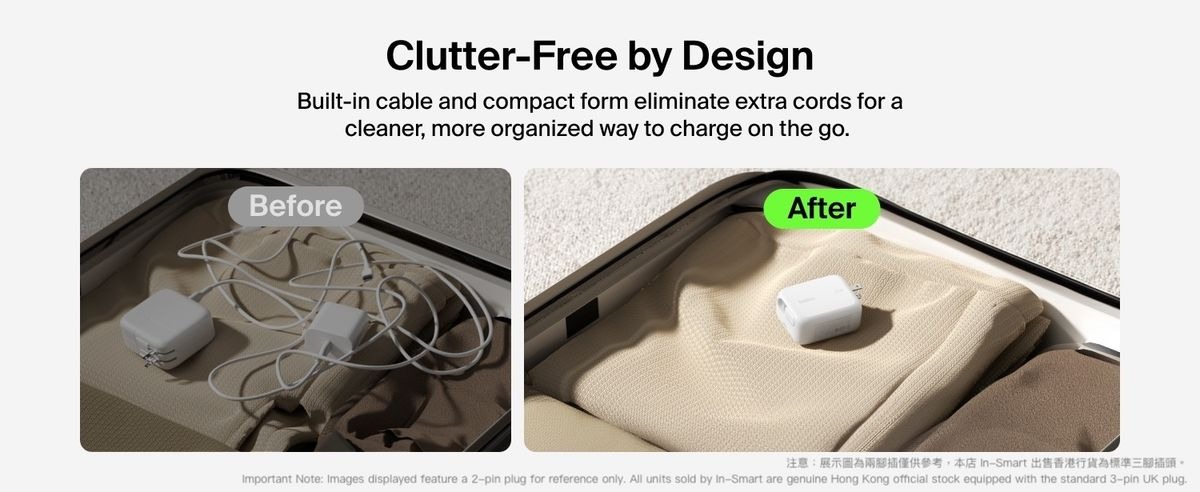 Belkin 8211 67W GaN 伸縮線壁式充電器 UltraCharge 內建 1米 USB-C 線 雙 USB-C 埠 折疊插腳 快速充電 香港行貨  WCH022MYWH