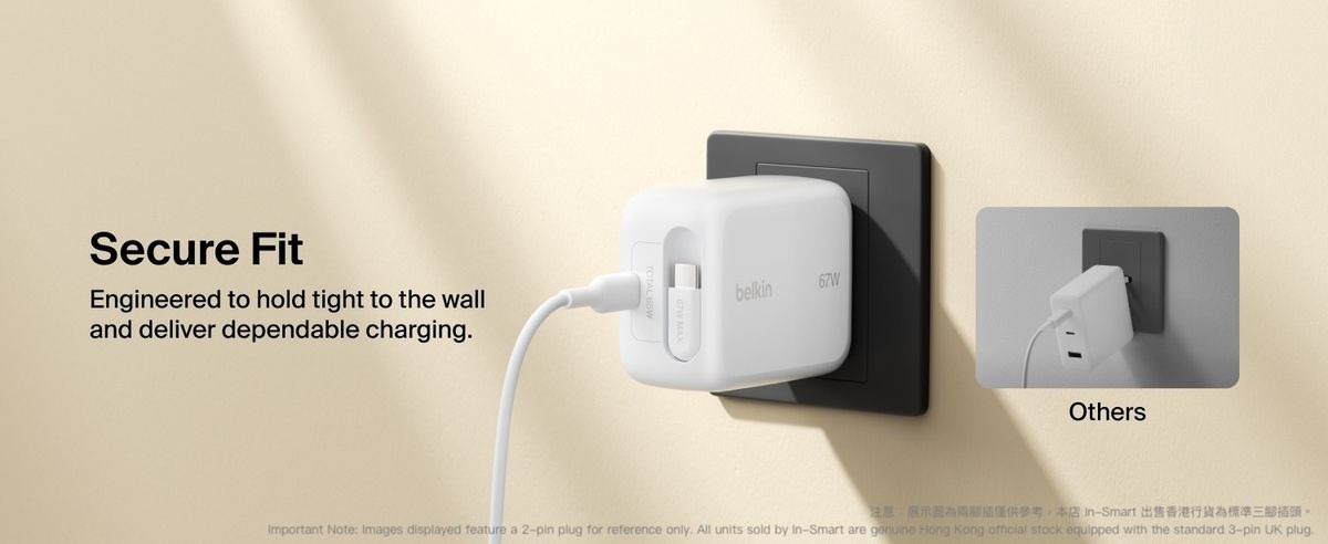 Belkin 8211 67W GaN 伸縮線壁式充電器 UltraCharge 內建 1米 USB-C 線 雙 USB-C 埠 折疊插腳 快速充電 香港行貨  WCH022MYWH