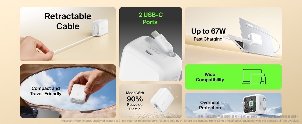 Belkin 8211 67W GaN 伸縮線壁式充電器 UltraCharge 內建 1米 USB-C 線 雙 USB-C 埠 折疊插腳 快速充電 香港行貨  WCH022MYWH