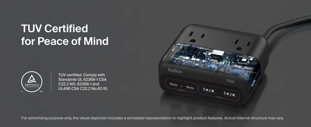 Belkin 8211 67W GaN 伸縮線壁式充電器 UltraCharge 內建 1米 USB-C 線 雙 USB-C 埠 折疊插腳 快速充電 香港行貨  WCH022MYWH