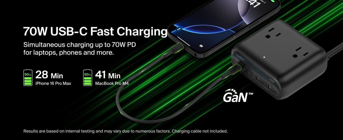 Belkin 8211 67W GaN 伸縮線壁式充電器 UltraCharge 內建 1米 USB-C 線 雙 USB-C 埠 折疊插腳 快速充電 香港行貨  WCH022MYWH