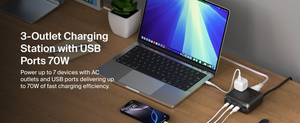 Belkin 8211 67W GaN 伸縮線壁式充電器 UltraCharge 內建 1米 USB-C 線 雙 USB-C 埠 折疊插腳 快速充電 香港行貨  WCH022MYWH