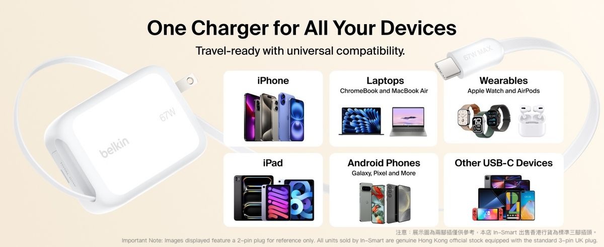 Belkin 8211 67W GaN 伸縮線壁式充電器 UltraCharge 內建 1米 USB-C 線 雙 USB-C 埠 折疊插腳 快速充電 香港行貨  WCH022MYWH