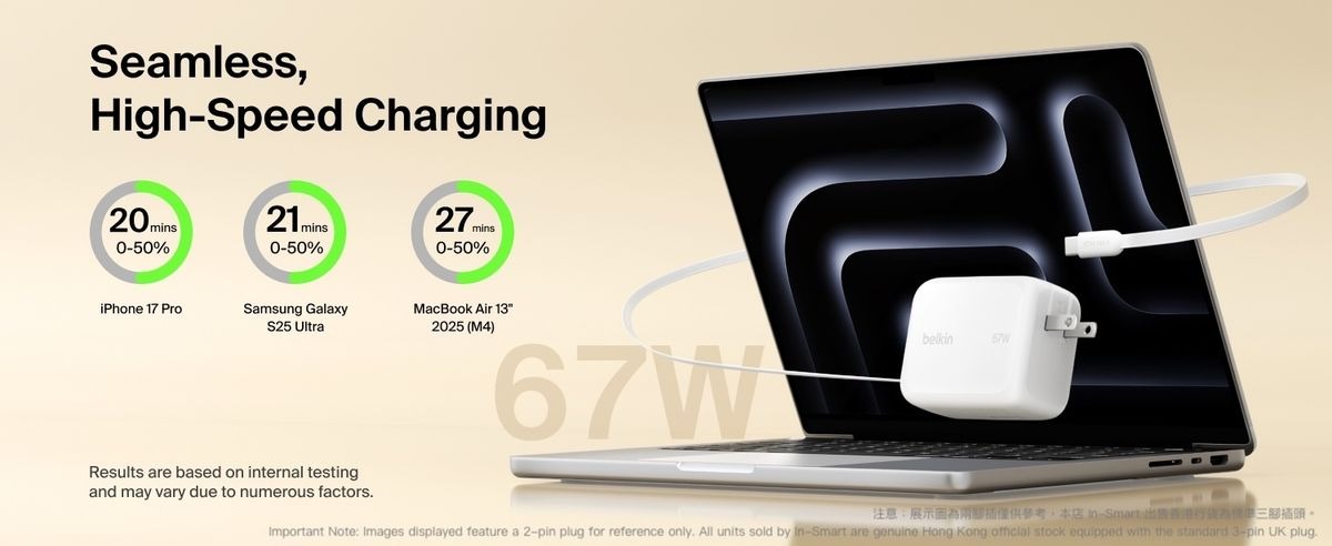 Belkin 8211 67W GaN 伸縮線壁式充電器 UltraCharge 內建 1米 USB-C 線 雙 USB-C 埠 折疊插腳 快速充電 香港行貨  WCH022MYWH
