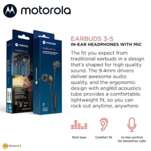 Motorola 8211 Earbuds 3-S 入耳式 35mm 有線耳機 帶咪 堅固結構持久耐用 防纏繞電纜材質 94mm 大驅動單體 超強深沉重低音 135 耐用音訊插頭 附3種尺寸耳塞