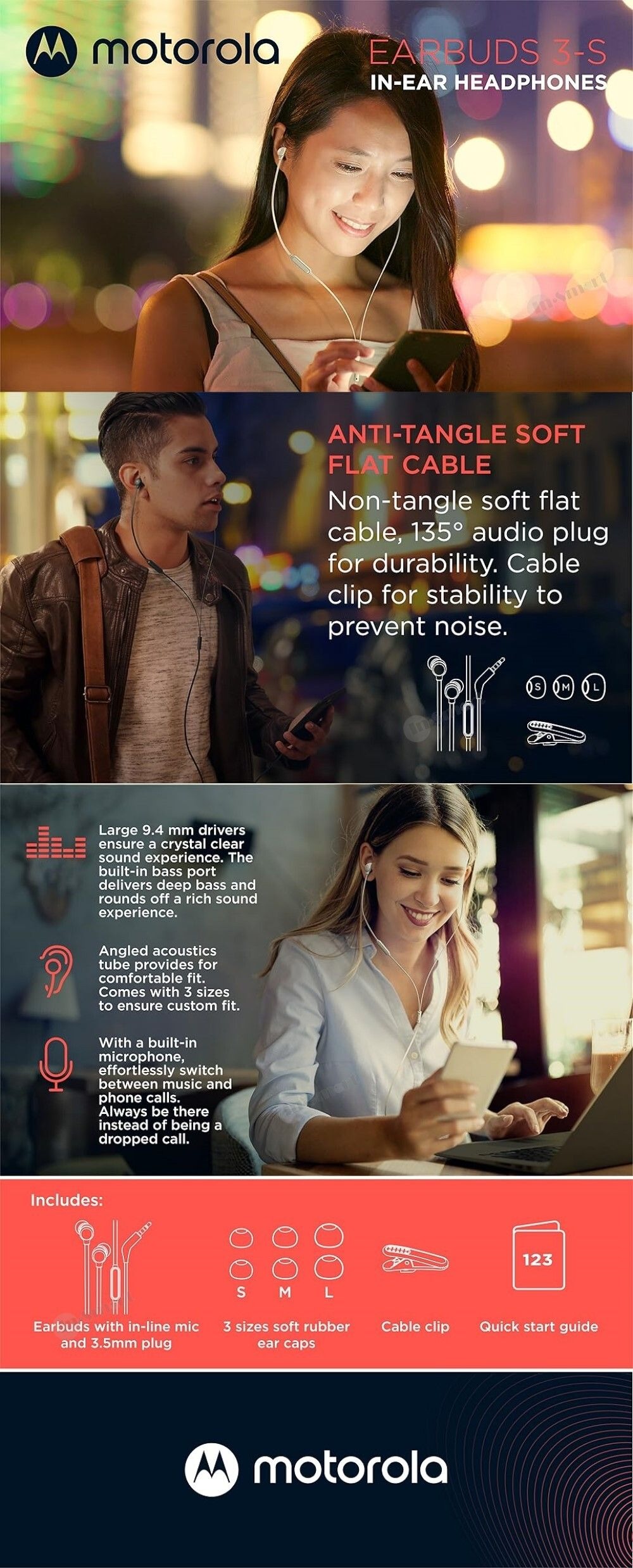 Motorola 8211 Earbuds 3-S 入耳式 35mm 有線耳機 帶咪 堅固結構持久耐用 防纏繞電纜材質 94mm 大驅動單體 超強深沉重低音 135 耐用音訊插頭 附3種尺寸耳塞