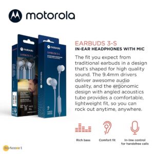 Motorola 8211 Earbuds 3-S 入耳式 35mm 有線耳機 帶咪 堅固結構持久耐用 防纏繞電纜材質 94mm 大驅動單體 超強深沉重低音 135 耐用音訊插頭 附3種尺寸耳塞
