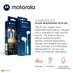 Motorola 8211 Earbuds 3-S 入耳式 35mm 有線耳機 帶咪 堅固結構持久耐用 防纏繞電纜材質 94mm 大驅動單體 超強深沉重低音 135 耐用音訊插頭 附3種尺寸耳塞