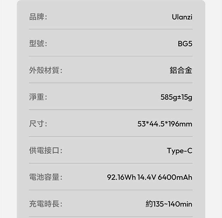 ULANZI 8211 優籃子 BG5 手把式移動電源6400mAh 8211 黑色  100W雙向快充  行動電源  手持握把二合一  53447001-P012