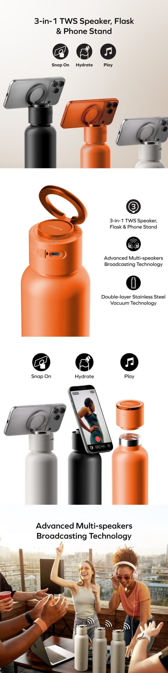MOMAX 8211 1-Vibe Bottle 3合1 磁吸手機支架  頂級保溫瓶  無線藍牙喇叭高保真音效低延遲性 TWS 無線立體聲串聯一貼即合磁吸手機支架SUS316L 不鏽鋼雙層真空保溫 BS13