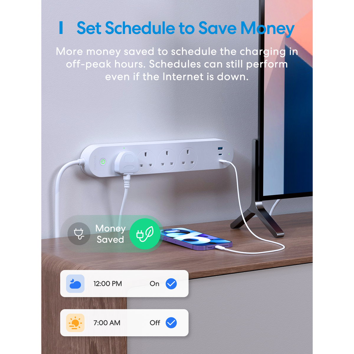 Meross 8211 MSP843P 智能 GaN 65W 快充拖板 4位插座  3 USB 支援 Apple HomeKit  Siri  Alexa  Google Assistant 遠程開關 香港行貨