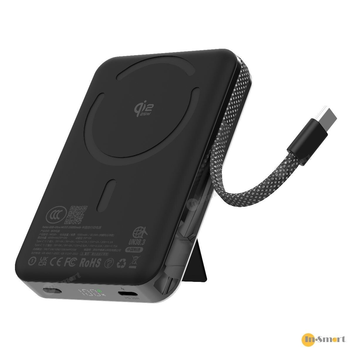 tekko 8211 Ultra MU10 黑色 半固態電池 SSB 10000mAh Qi22 無線快充磁吸行動電源 CCC QR二維碼 自帶線 USB-C Lightning 數字顯示 PD 35W 支架