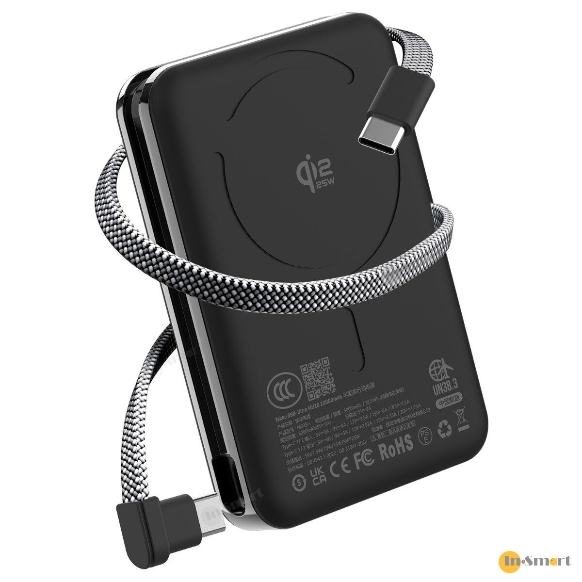 tekko 8211 Ultra MU10 黑色 半固態電池 SSB 10000mAh Qi22 無線快充磁吸行動電源 CCC QR二維碼 自帶線 USB-C Lightning 數字顯示 PD 35W 支架