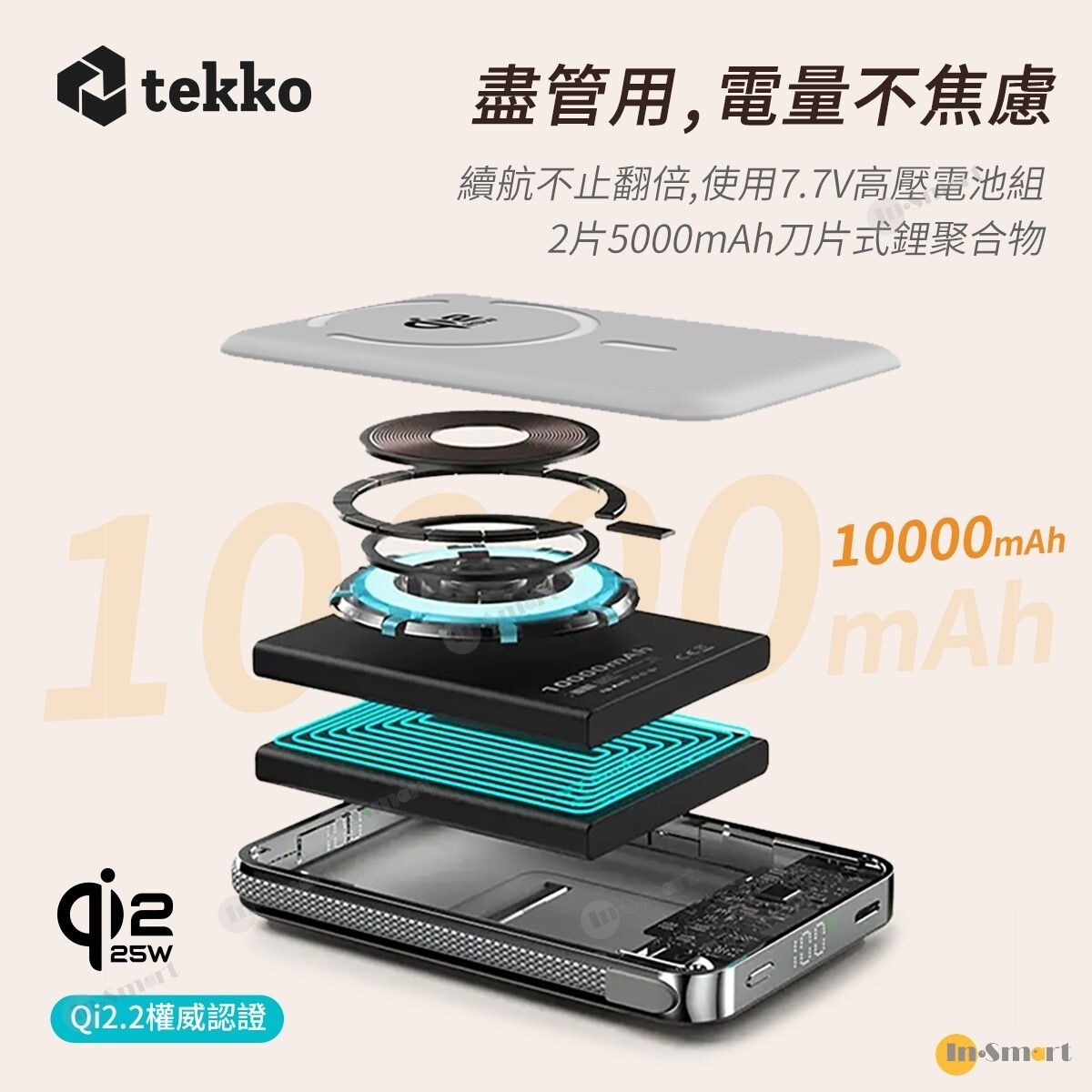 tekko 8211 Ultra MU10 白色 半固態電池 SSB 10000mAh Qi22 無線快充磁吸行動電源 CCC QR二維碼 自帶線 USB-C Lightning 數字顯示 PD 35W 支架