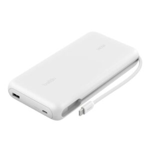 Belkin UltraCharge Pro 25000mAh 筆記型電腦行動電源 白色  最高158W總輸出 內置 140W USB-C 編織充電線 智能數碼顯示屏 符合 TSA 航空安全標準
