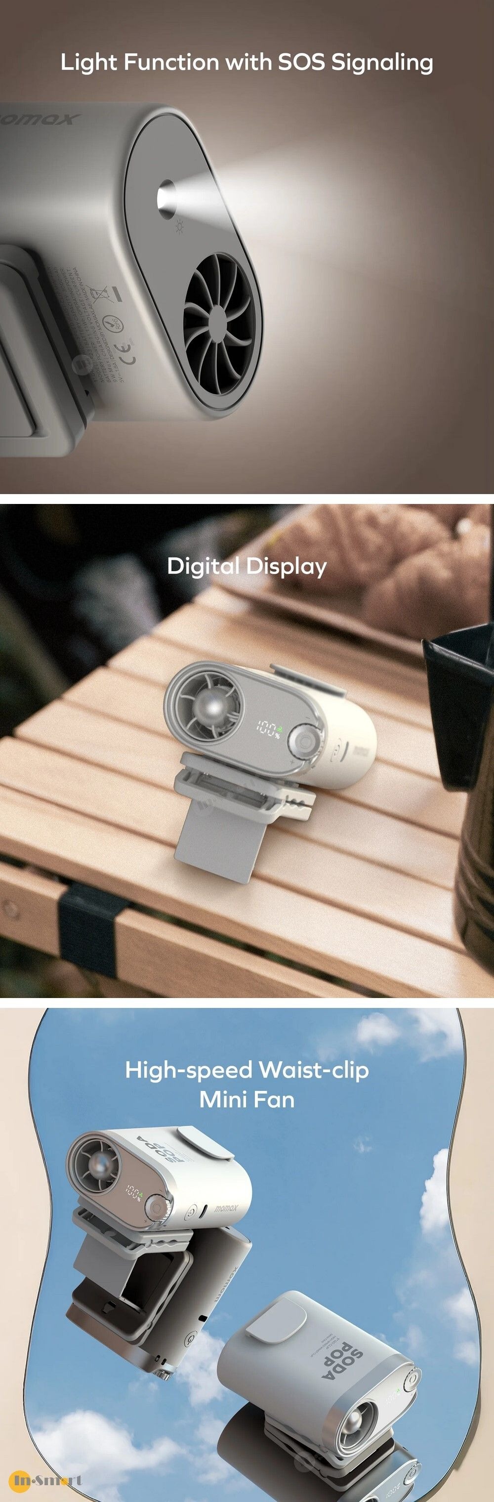 MOMAX 8211 IF23W 1 Go Clip 高速腰夾迷你風扇 3000mAh 3000mAh 大容量電池 USB-C 快速充電 精準無段風速控制 智能數位顯示屏 多模式 LED 照明 雙夾設計