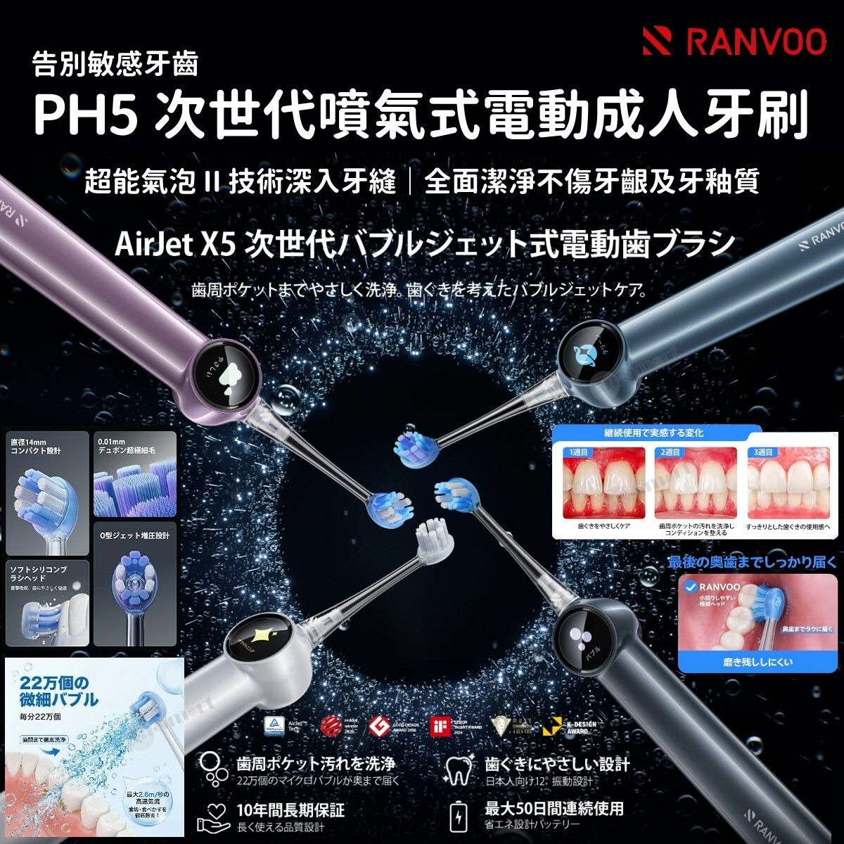 RANVOO AirJet II PH5 X5 次世代噴氣式電動牙刷 牙縫無殘渣 牙齦不出血 釉質不磨損 亮白牙齒 保護牙齦 超強潔淨力 AI 智慧芯片 靈活深入後槽 磁吸充電壁掛