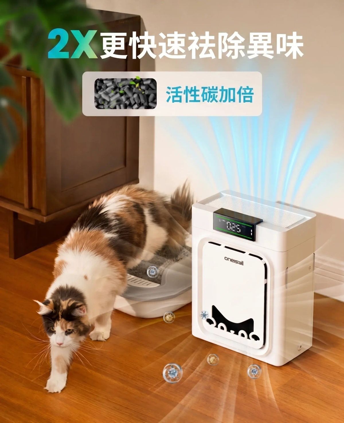 ONEISALL 寵物空氣淨化機PP02 雙側大格柵進風技術 H13 HEPA 及雙效活性碳濾網 25dB 超靜音 實時空氣質素監察