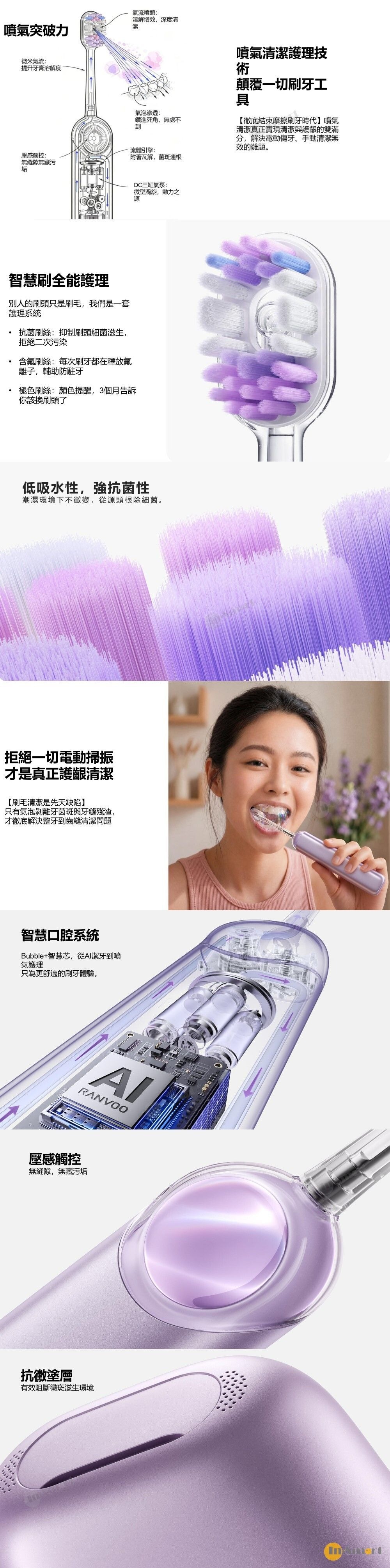 RANVOO 8211 PQ5 0震動噴氣電動牙刷敏感牙齒人士福音氣泡滲透牙縫污漬無處藏3種清潔模式