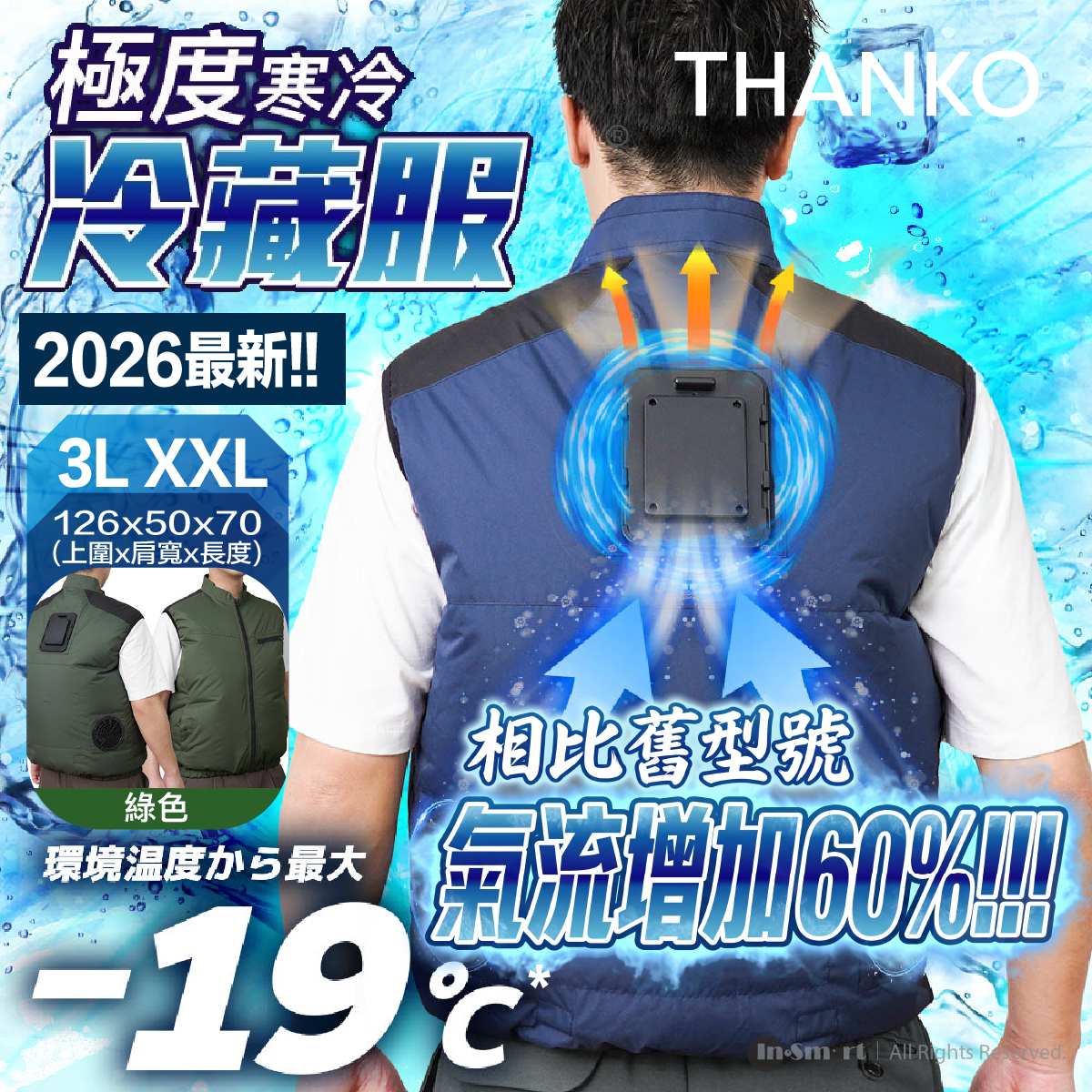 THANKO Cooling Vest 2026 極冷冷藏服 背心 8211 帕爾帖半導體制冷 -19C 雙風扇 戶外工作工地外送降溫 首批送20000mAh電源 綠色 3L XXL