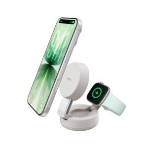 Belkin UltraCharge Pro Qi2 2合1可摺疊磁吸無線充電器 沙色   25W快充 雙機同步 隨附45W火牛 散熱 適用於iPhoneApple Watch 香港行貨